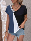 Color Block Decorative Button V-Neck Tee Women's T-Shirts - Tophatter Daily Deals