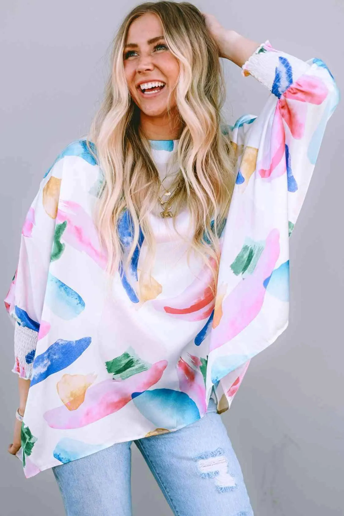 Printed Round Neck Smocked Lantern Sleeve Blouse Blouses - Tophatter Daily Deals
