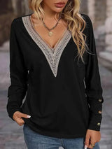 Contrast V-Neck Long Sleeve Top Black Blouses - Tophatter Daily Deals