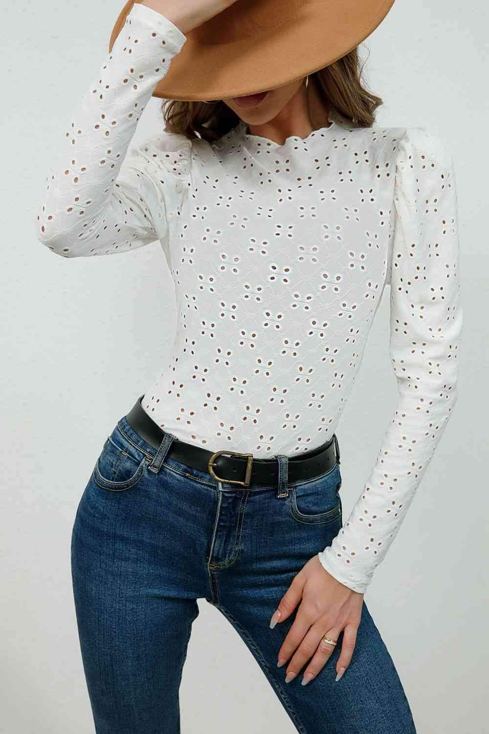 Round Neck Eyelet Long Sleeve Blouse White Blouses - Tophatter Daily Deals