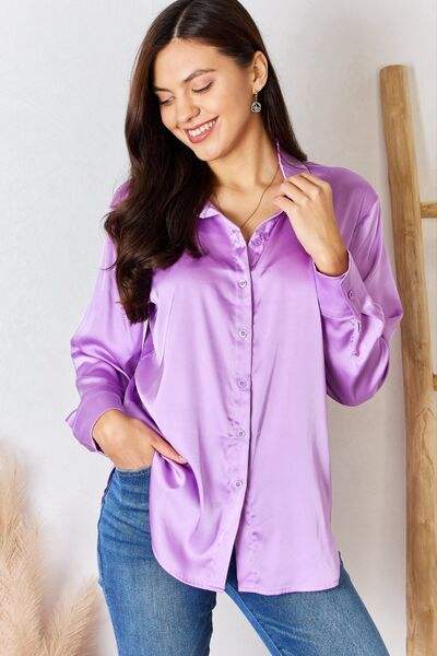 Zenana Satin Button Down Long Sleeve Shirt Blouses - Tophatter Daily Deals