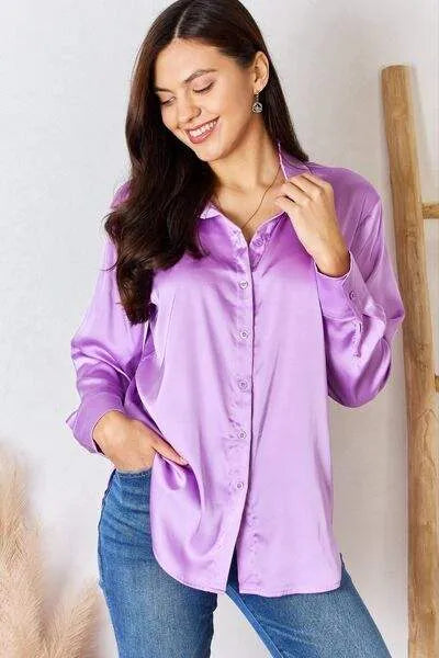Zenana Satin Button Down Long Sleeve Shirt Blouses - Tophatter Daily Deals