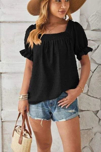 Swiss Dot Smocked Square Neck Short Sleeve T-Shirt Women's T-Shirts - Tophatter Daily Deals