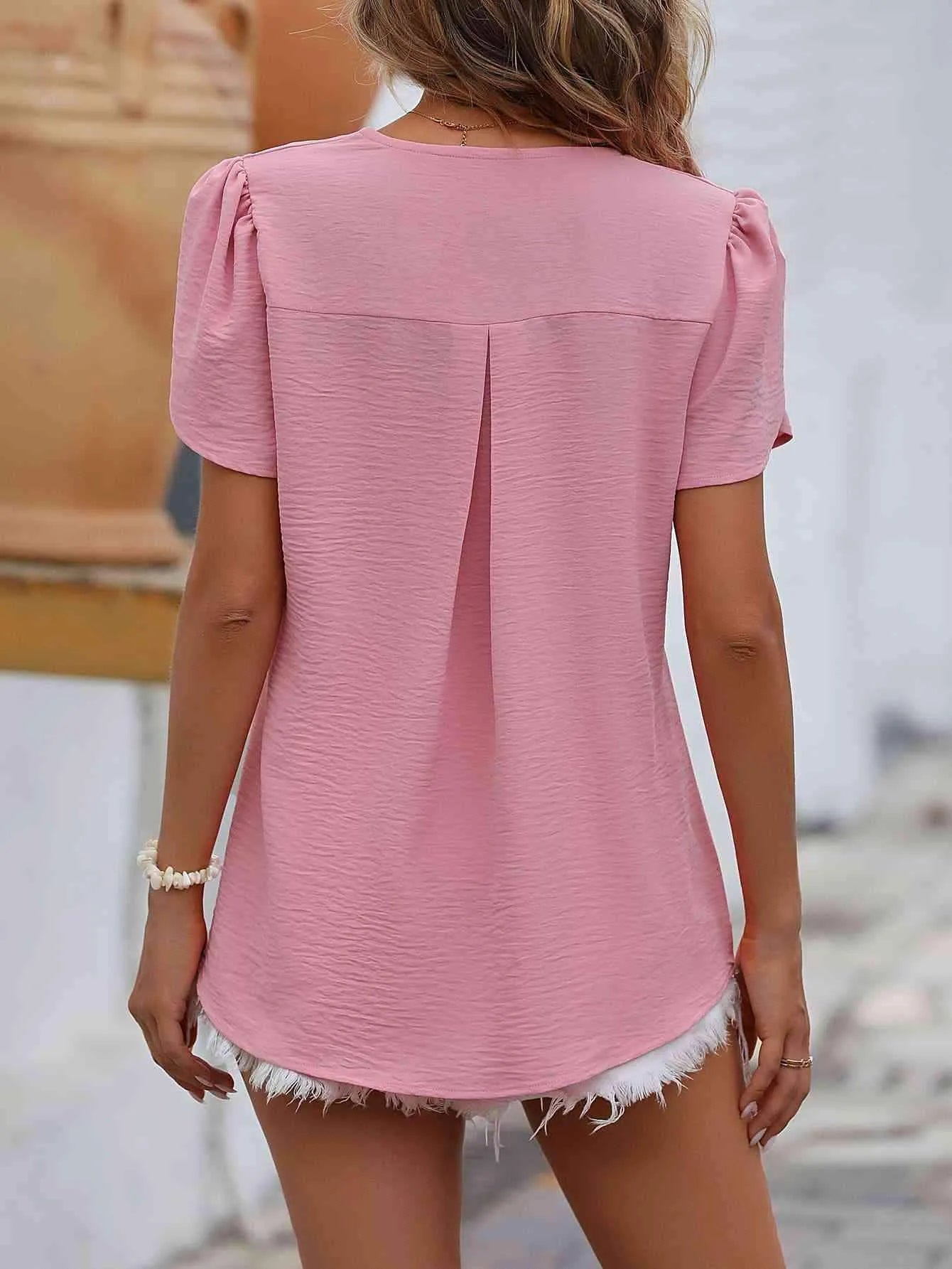 Ruche V-Neck Petal Sleeve Top Blouses - Tophatter Daily Deals