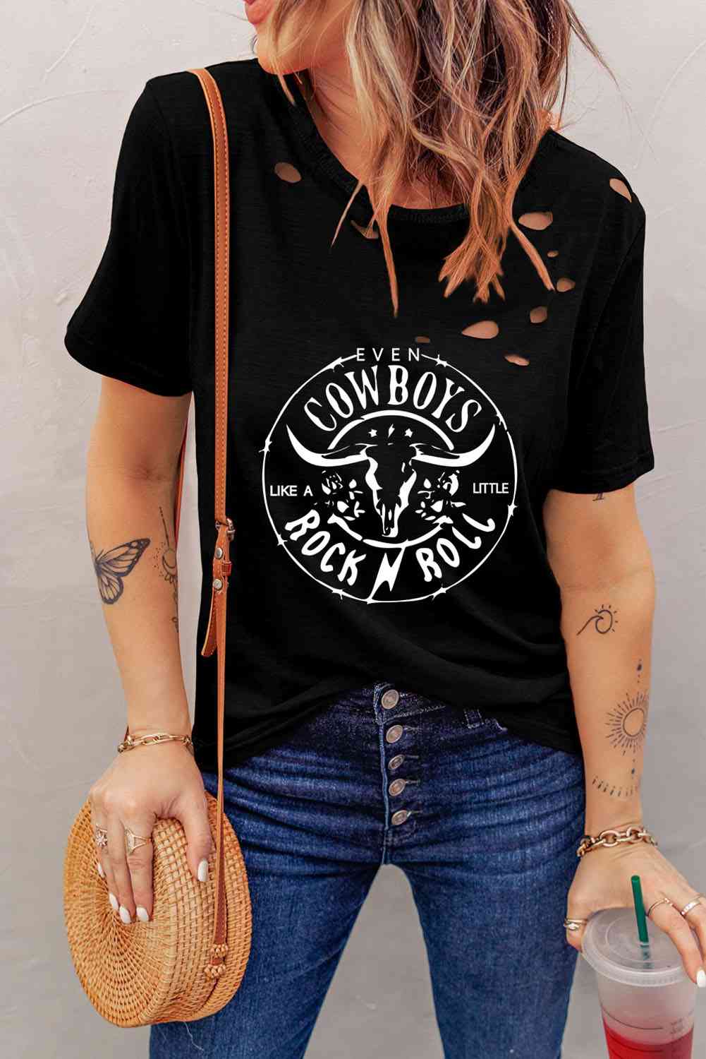 Graphic Round Neck Cutout Tee Black Women's T-Shirts - Tophatter Daily Deals