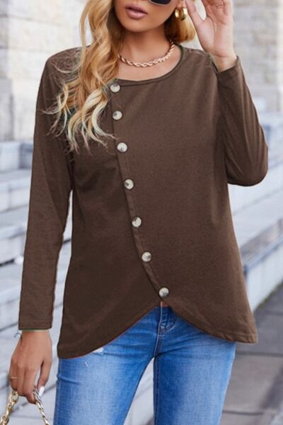 Decorative Button Round Neck Long Sleeve T-Shirt Chocolate Women's T-Shirts - Tophatter Daily Deals