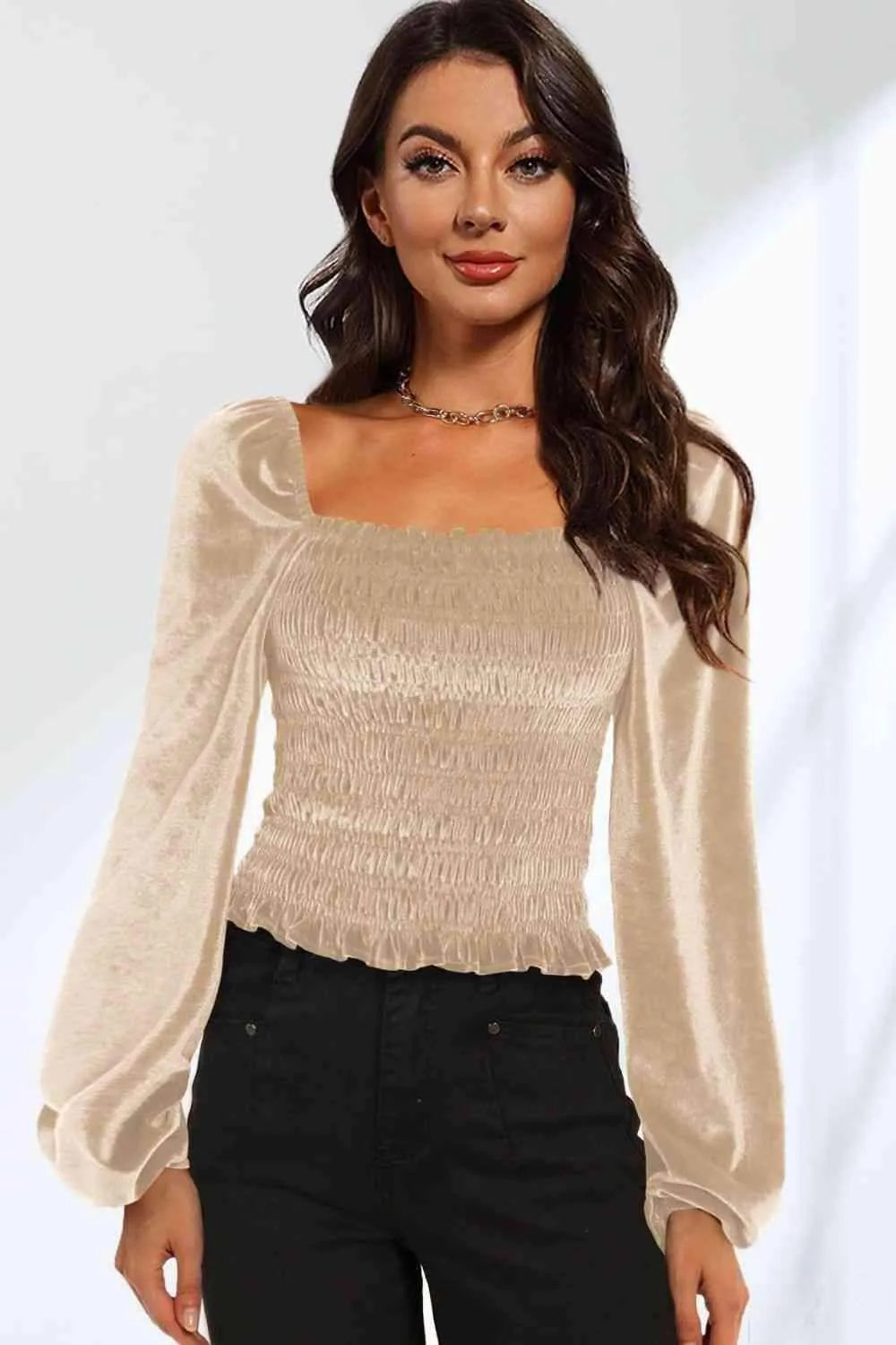Double Take Smocked Square Neck Long Sleeve Blouse Sand Blouses - Tophatter Daily Deals
