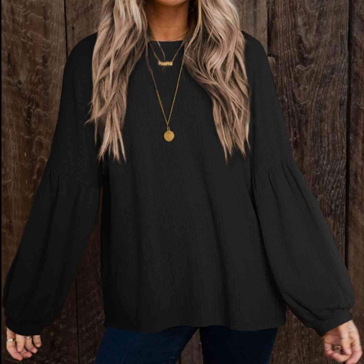 Round Neck Long Sleeve Ruched Blouse Black Blouses - Tophatter Daily Deals