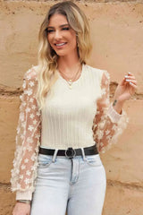 Double Take Textured Applique Long Sleeve Blouse Blouses - Tophatter Daily Deals