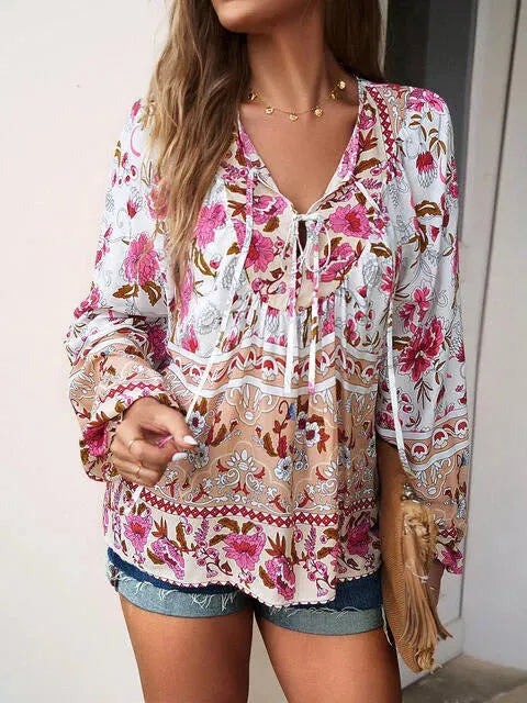 Floral Tie Neck Puff Sleeve Blouse White Blouses - Tophatter Daily Deals