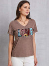 Letter Graphic V-Neck Short Sleeve T-Shirt Taupe Women's T-Shirts - Tophatter Daily Deals