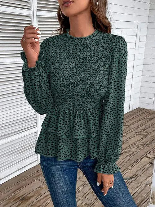 Printed Round Neck Smocked Flounce Sleeve T-Shirt Blouses - Tophatter Daily Deals