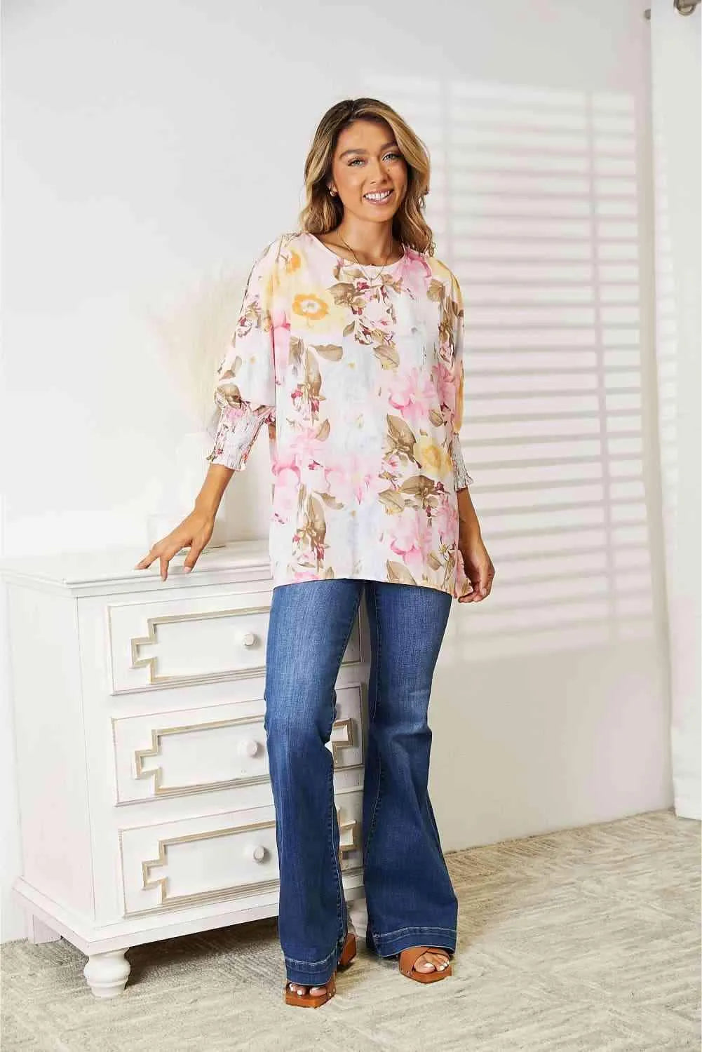 Double Take Floral Round Neck Three-Quarter Sleeve Top Blouses - Tophatter Daily Deals