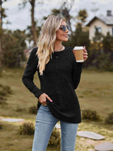 Ribbed Round Neck Long Sleeve Tee Women's T-Shirts - Tophatter Daily Deals