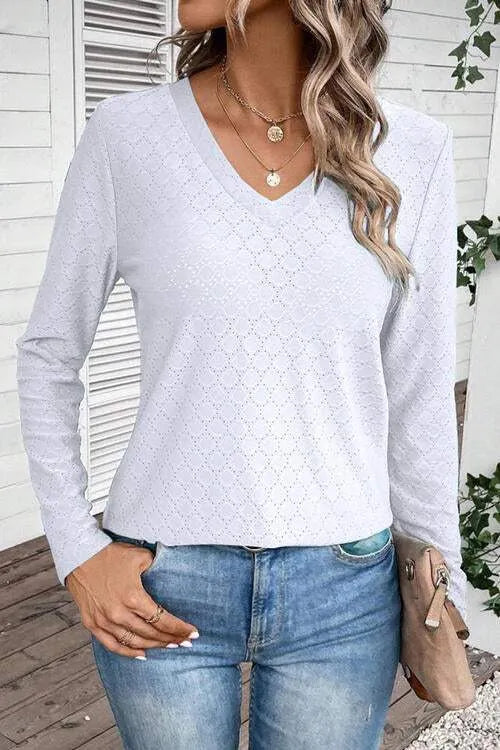 Eyelet V-Neck Long Sleeve T-Shirt Women's T-Shirts - Tophatter Daily Deals
