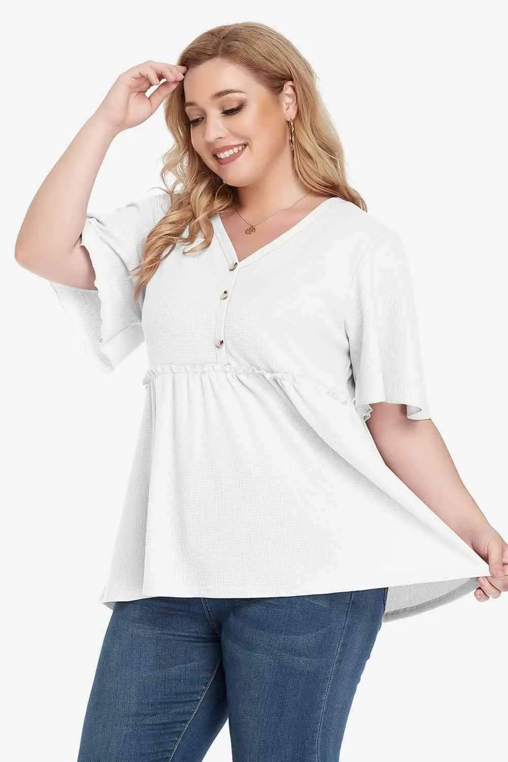 Plus Size Buttoned V-Neck Frill Trim Babydoll Blouse Blouses - Tophatter Daily Deals