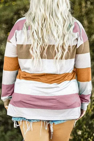 Plus Size Striped Slit Long Sleeve T-Shirt Women's T-Shirts - Tophatter Daily Deals