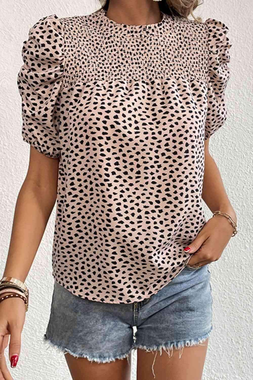 Printed Smocked Puff Sleeve Blouse Blouses - Tophatter Daily Deals