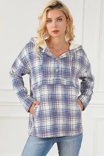 Plaid Long Sleeve Buttoned Hoodie Blouses - Tophatter Daily Deals