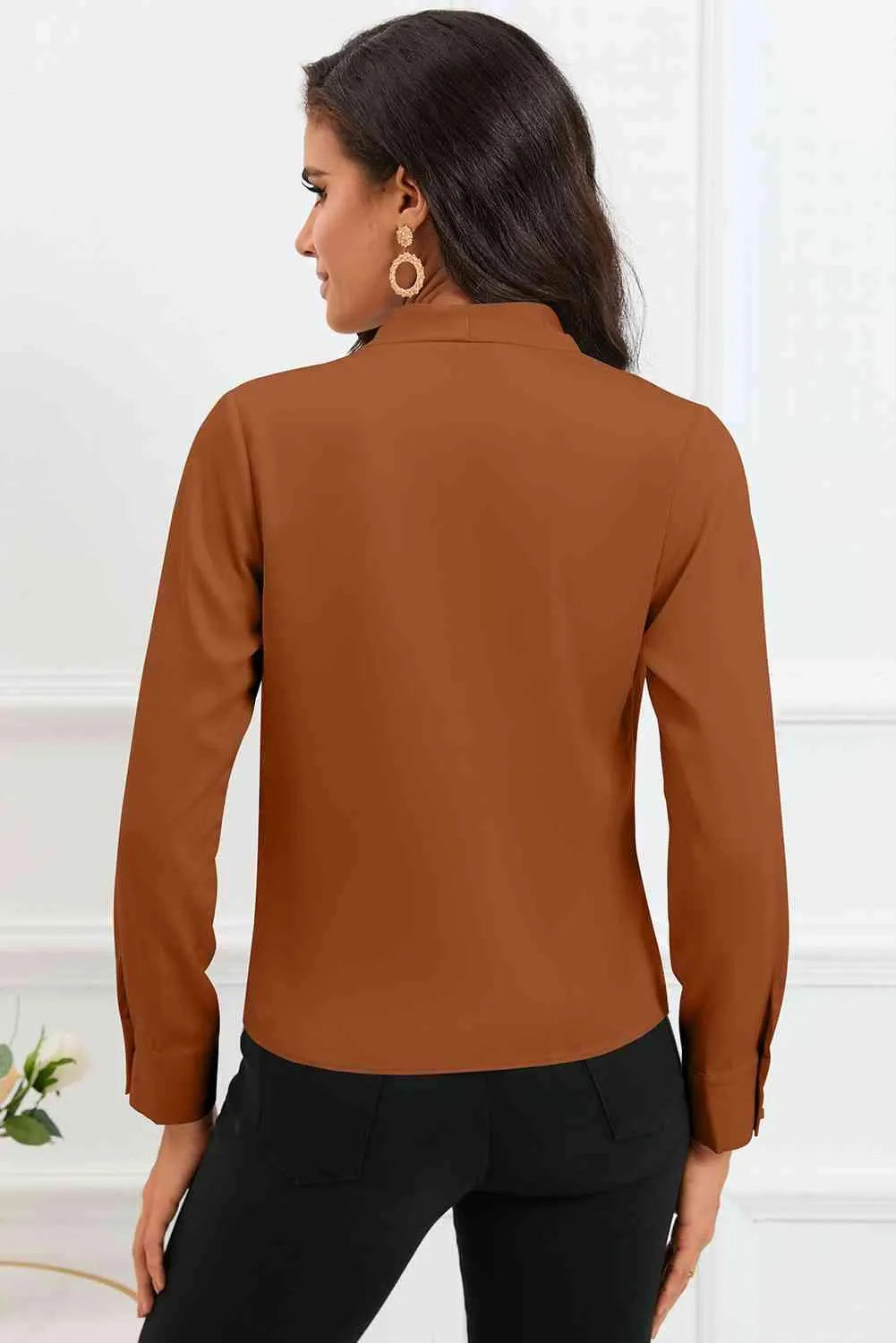 V-Neck Buttoned Long Sleeve Blouse Blouses - Tophatter Daily Deals