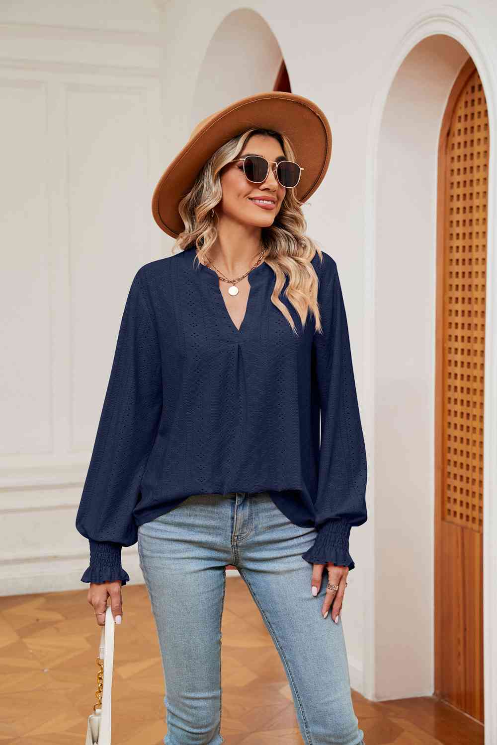 Notched Neck Flounce Sleeve Blouse Blouses - Tophatter Daily Deals