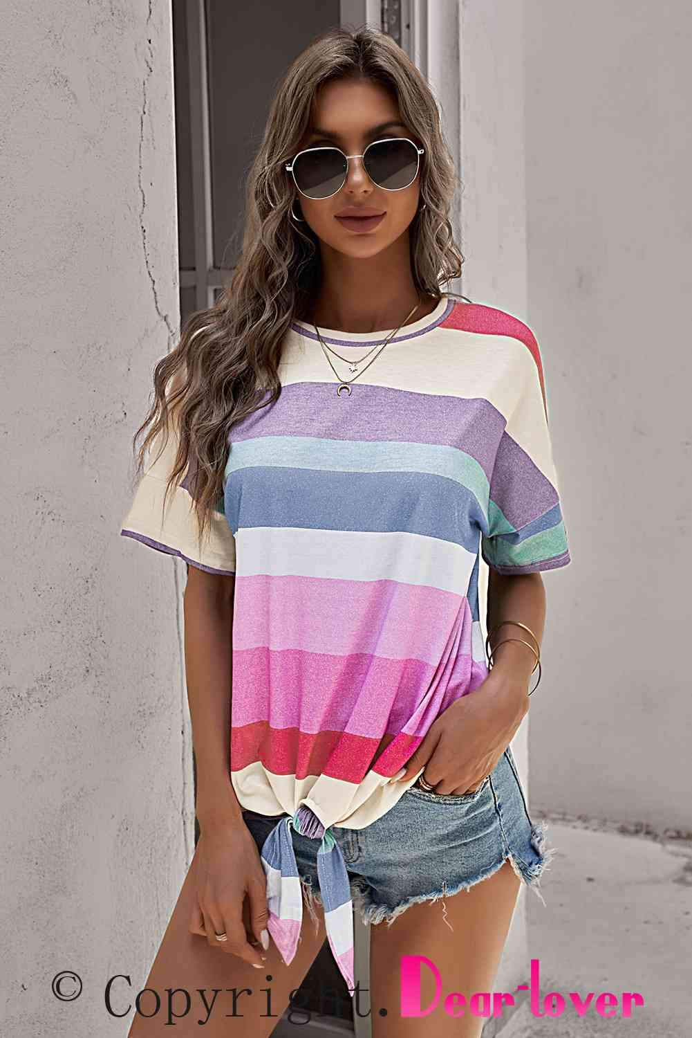 Rainbow Stripe Tie-Front Tee Shirt Women's T-Shirts - Tophatter Daily Deals