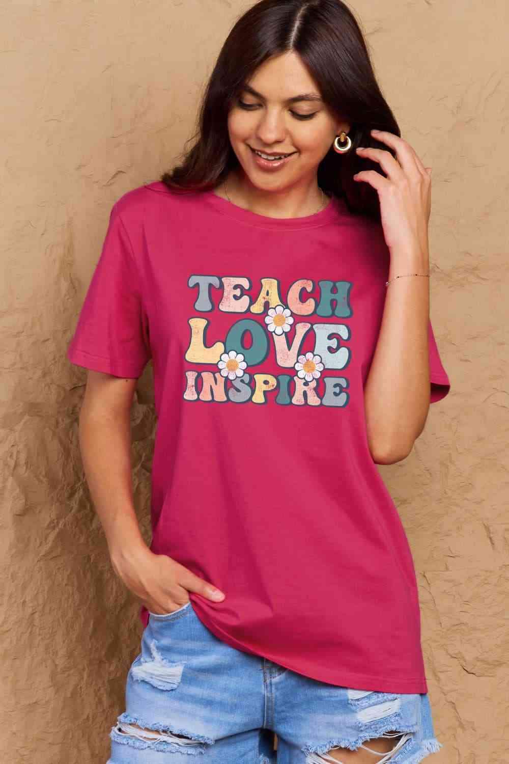 Simply Love Full Size TEACH LOVE INSPIRE Graphic Cotton T-Shirt Women's T-Shirts - Tophatter Daily Deals