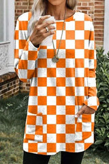 Checkered Round Neck Long Sleeve T-Shirt with Pockets Pumpkin Women's T-Shirts - Tophatter Daily Deals