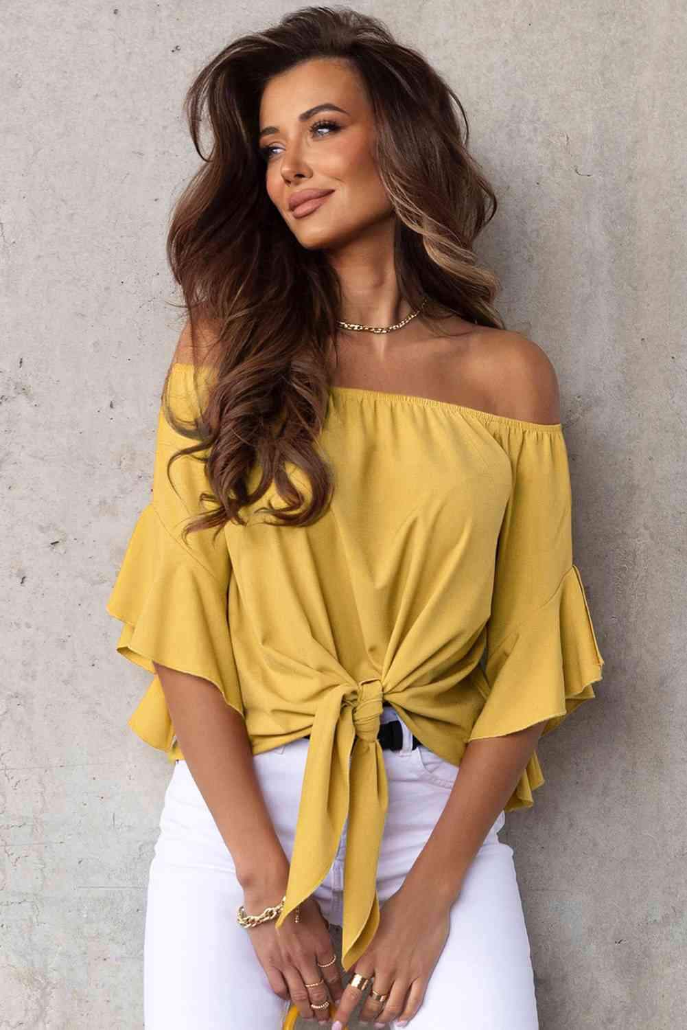 Off-Shoulder Tie Hem Blouse Banana Yellow Blouses - Tophatter Daily Deals