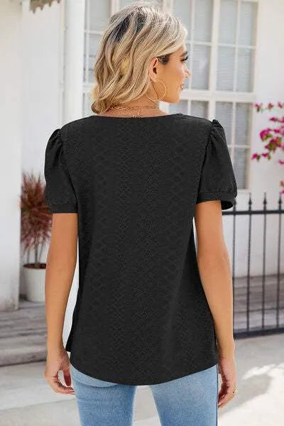 Eyelet Puff Sleeve T-Shirt Women's T-Shirts - Tophatter Daily Deals