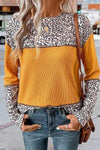 Leopard Waffle-knit Long Sleeve T-Shirt Mustard Women's T-Shirts - Tophatter Daily Deals