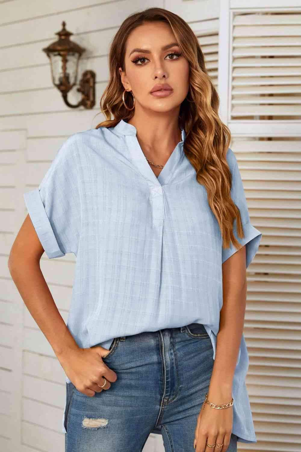 Notched Neck Slit Cuffed Blouse Blouses - Tophatter Daily Deals