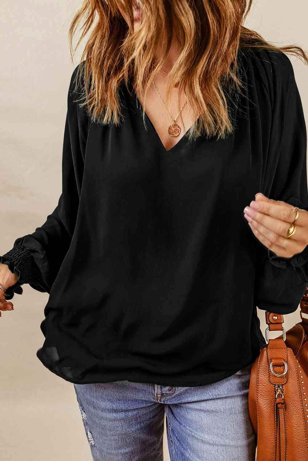 Notched Neck Lantern Sleeve Blouse Blouses - Tophatter Daily Deals