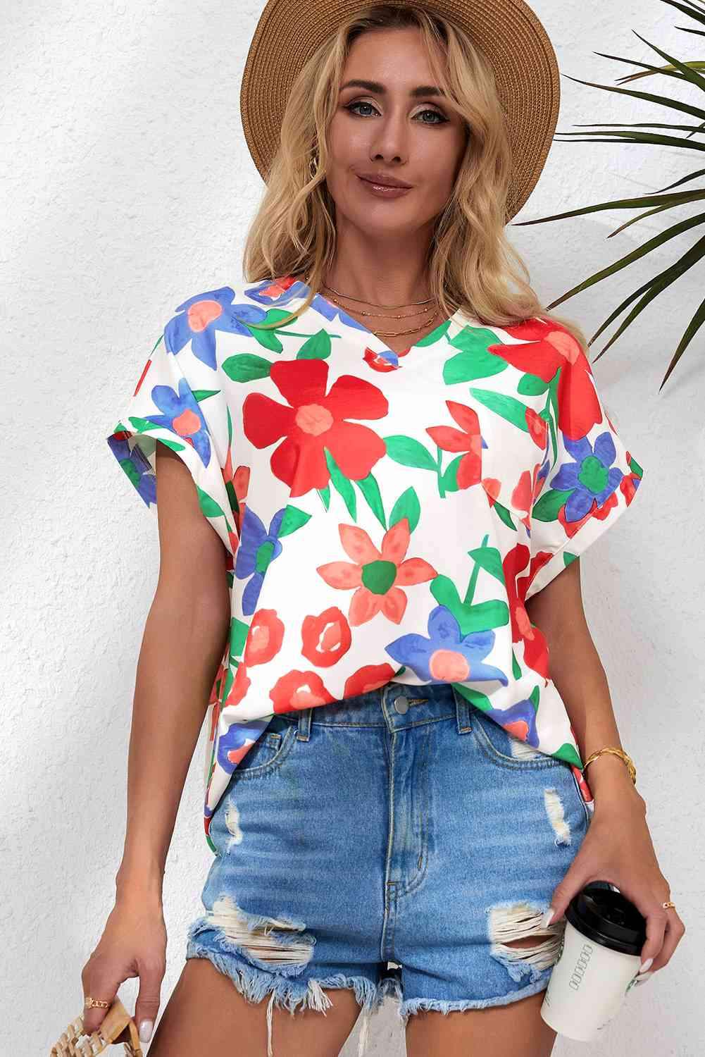 Floral V-Neck Short Sleeve Top Blouses - Tophatter Daily Deals