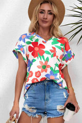Floral V-Neck Short Sleeve Top Blouses - Tophatter Daily Deals