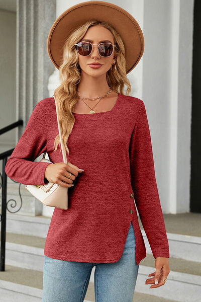 Slit Decorative Button Square Neck T-Shirt Brick Red Women's T-Shirts - Tophatter Daily Deals