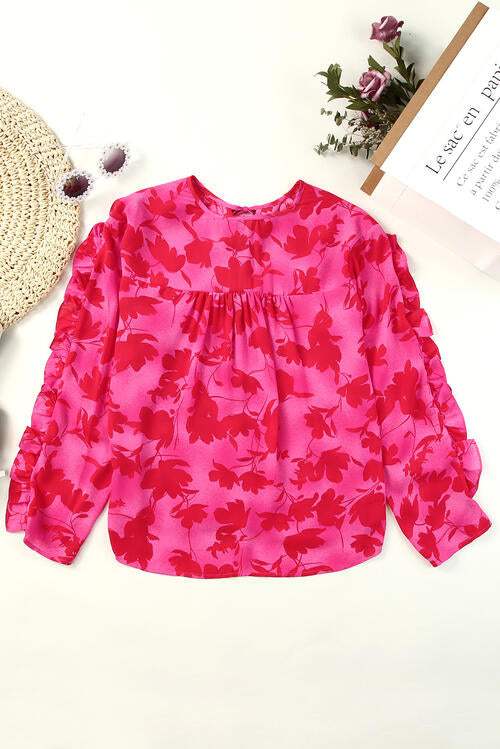 Floral Tie Neck Ruffle Trim Blouse Blouses - Tophatter Daily Deals