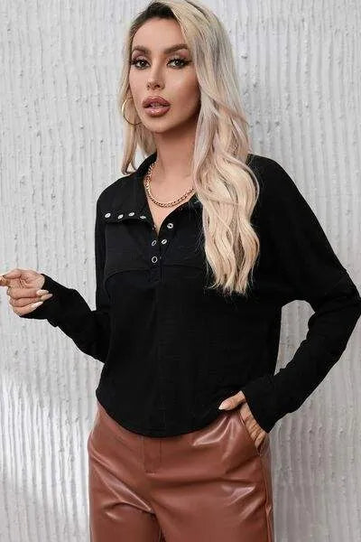 Ribbed Knit Henry Collar Loose Fitting Long Sleeve Top Blouses - Tophatter Daily Deals