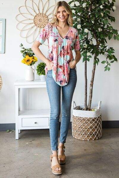 Heimish Full Size Floral V-Neck Short Sleeve Babydoll Blouse Blouses - Tophatter Daily Deals