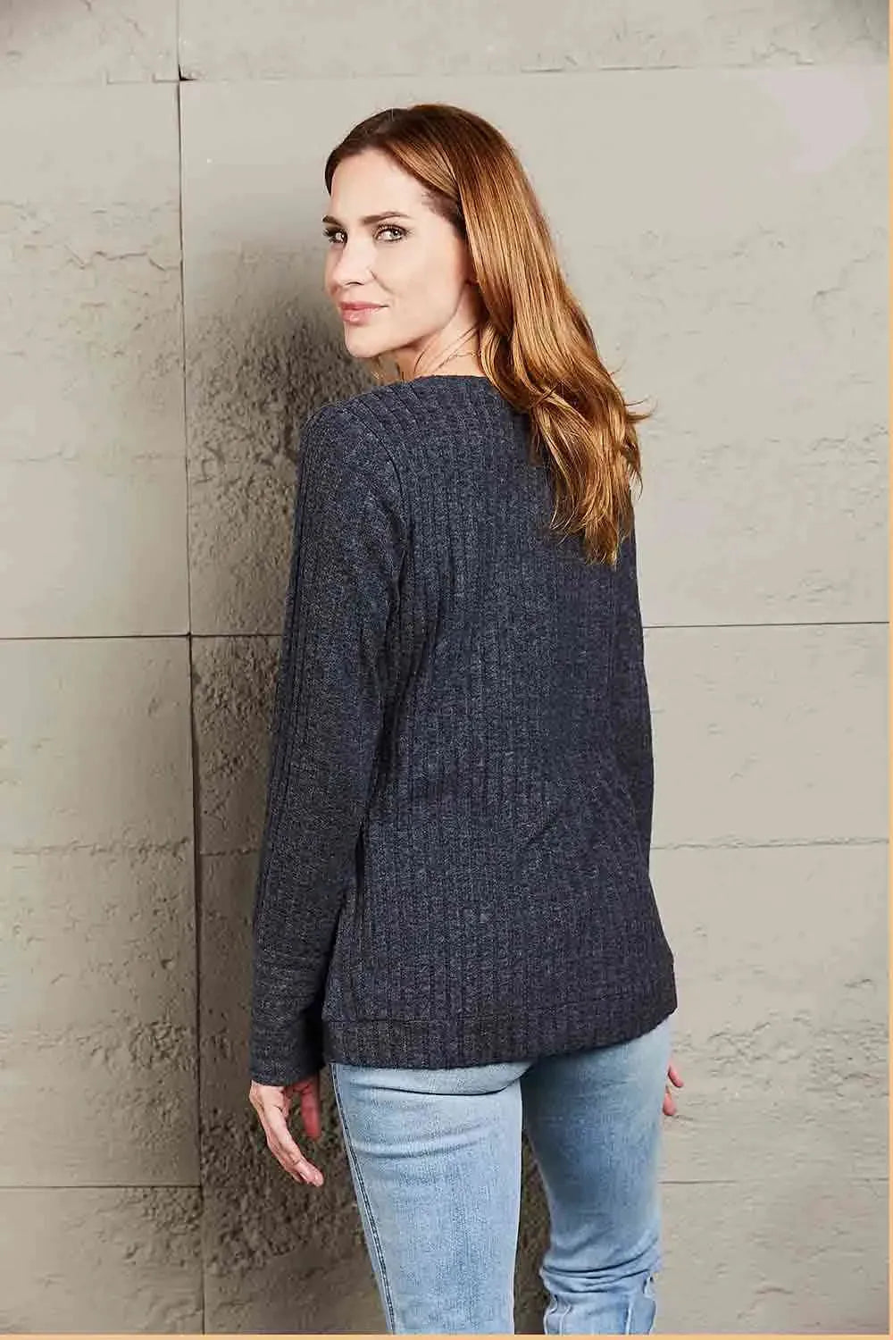 Double Take V-Neck Long Sleeve Ribbed Top Blouses - Tophatter Daily Deals