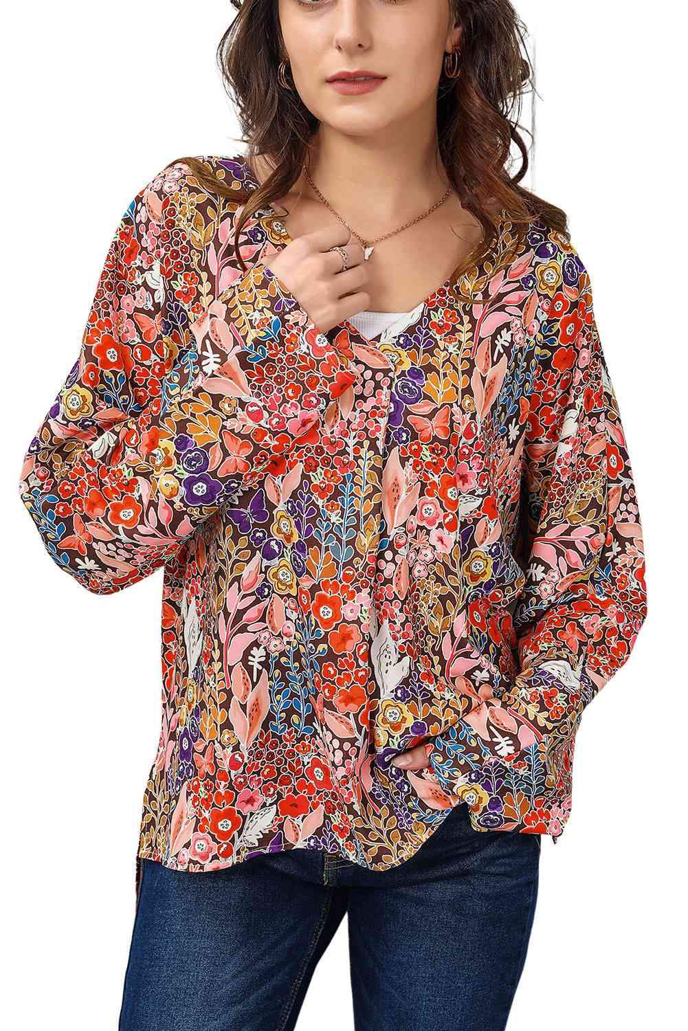 Double Take Floral V-Neck Long Sleeve Blouse Blouses - Tophatter Daily Deals