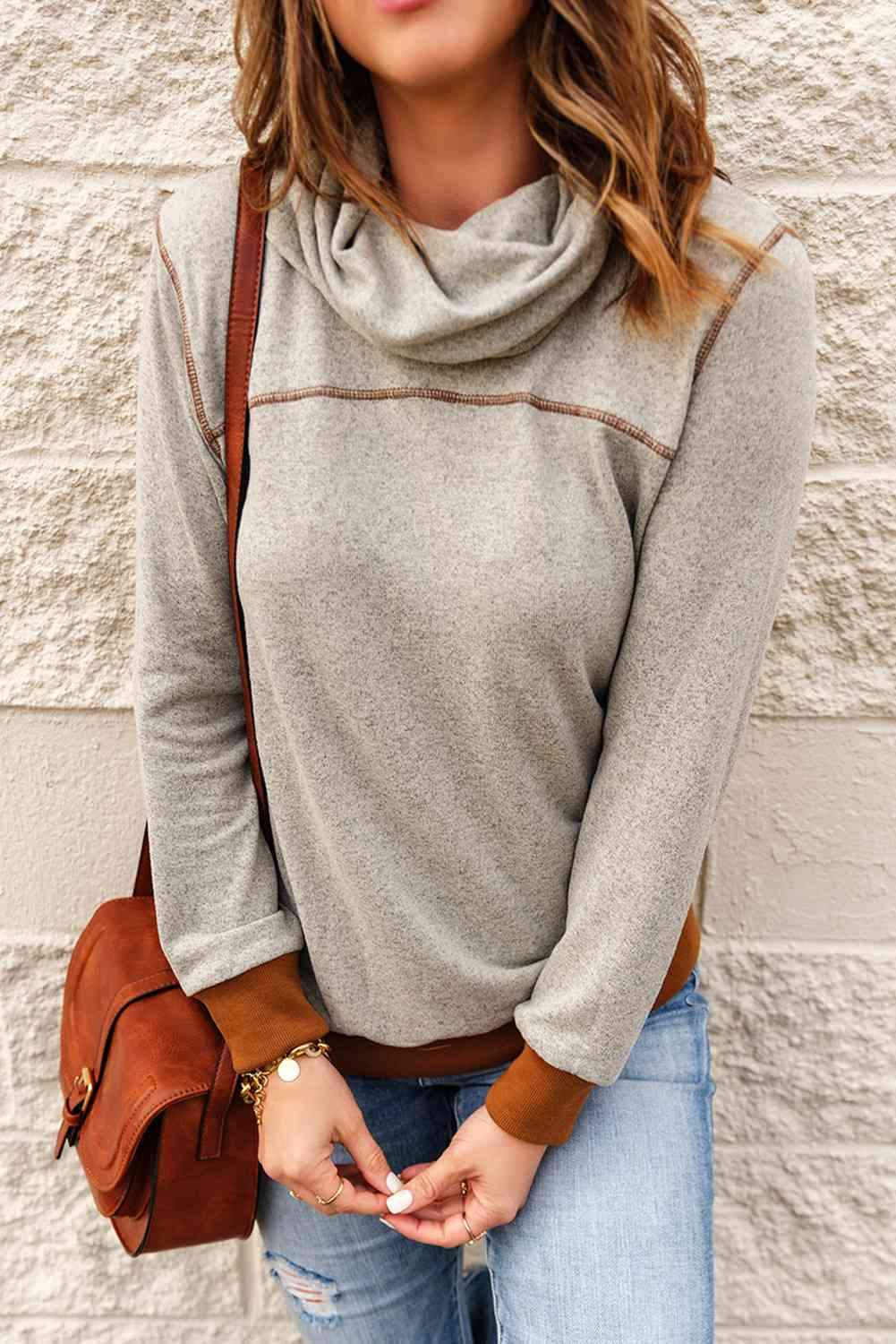 Contrast Cowl Neck Long Sleeve Top Blouses - Tophatter Daily Deals