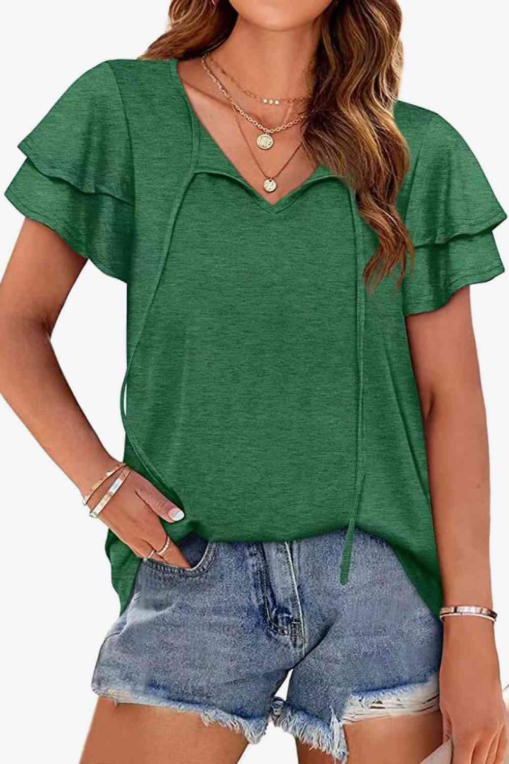 Tie-Neck Layered Flutter Sleeve Blouse Forest Blouses - Tophatter Daily Deals