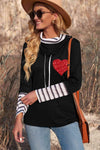 Striped Sequin Heart Graphic Long Sleeve Top Black Blouses - Tophatter Daily Deals