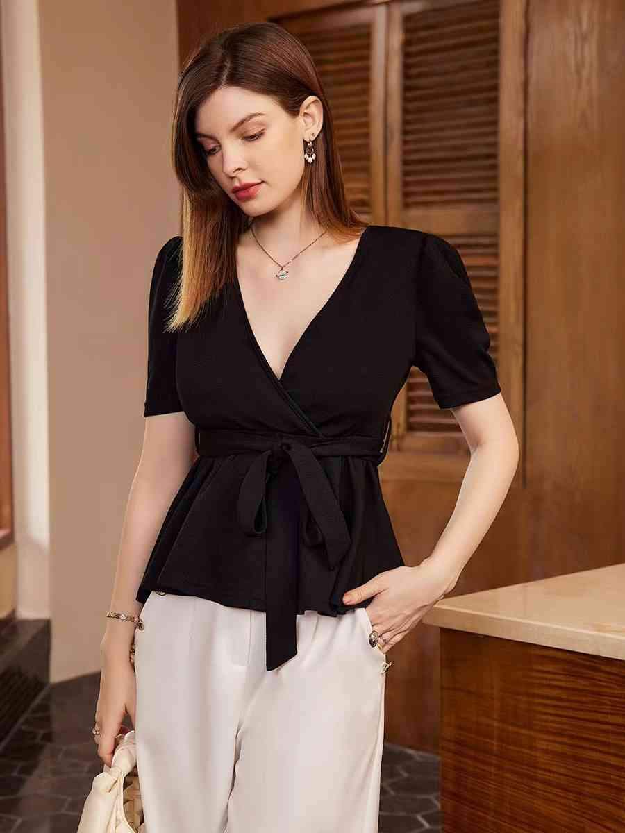 Surplice Neck Tie Waist Puff Sleeve Blouse Black Blouses - Tophatter Daily Deals