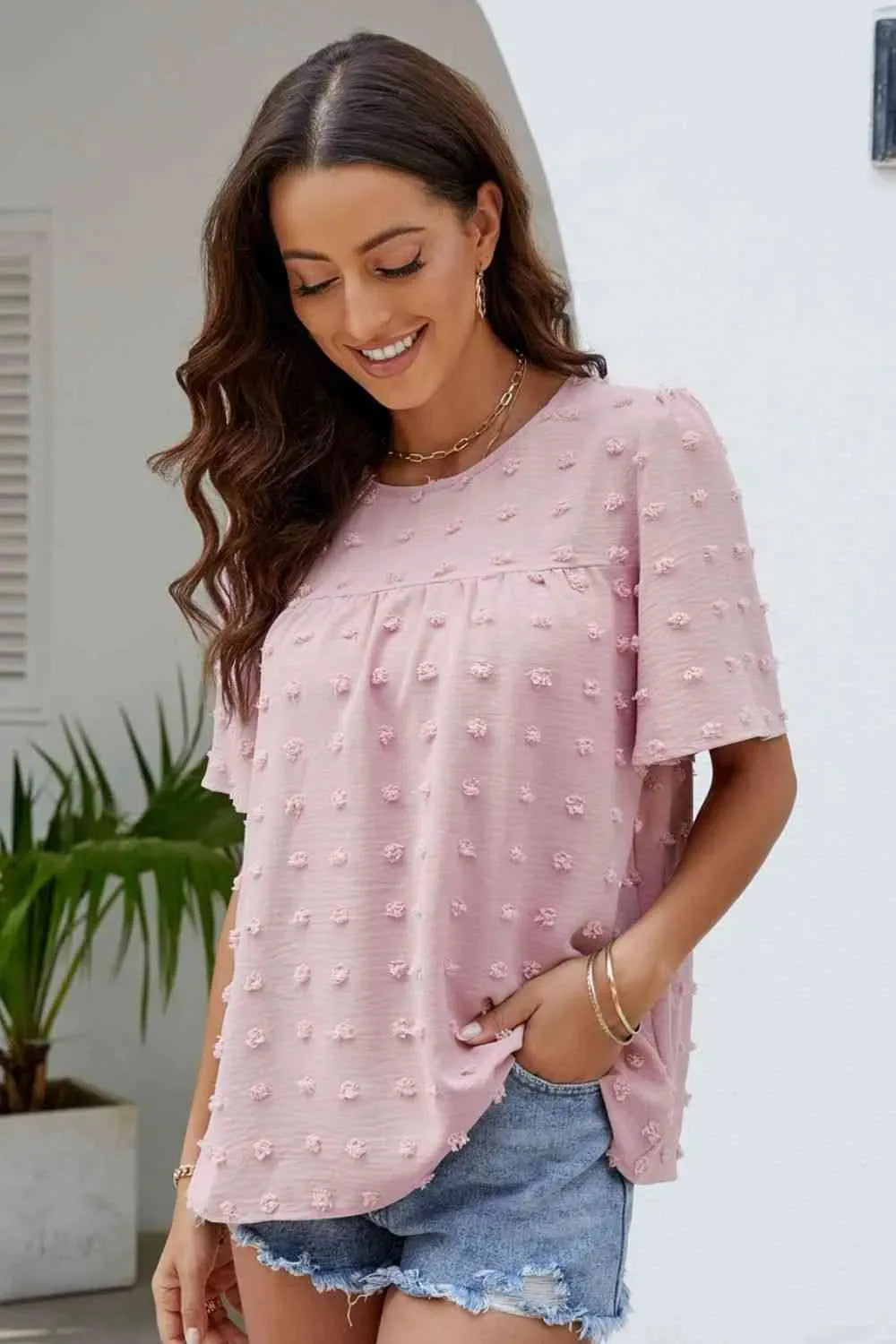 Swiss Dot Puff Sleeve Round Neck Blouse Blouses - Tophatter Daily Deals