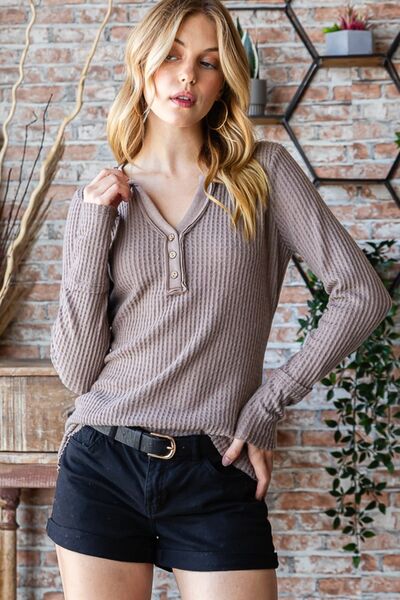Reborn J Waffle Knit Notched Long Sleeve Top - Tophatter Deals