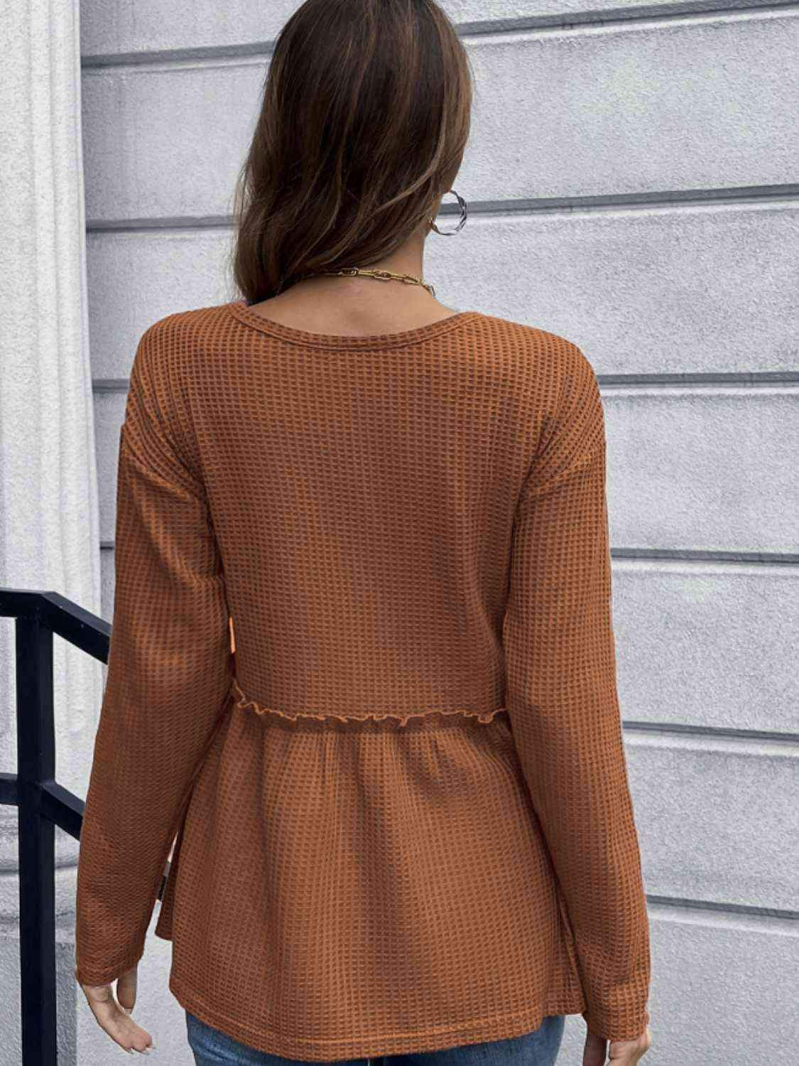 Waffle-Knit Long Sleeve Peplum Blouse Blouses - Tophatter Daily Deals