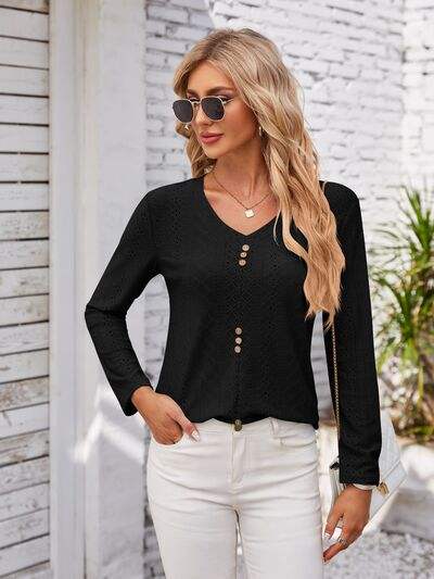 Decorative Button Openwork V-Neck T-Shirt Black Women's T-Shirts - Tophatter Daily Deals