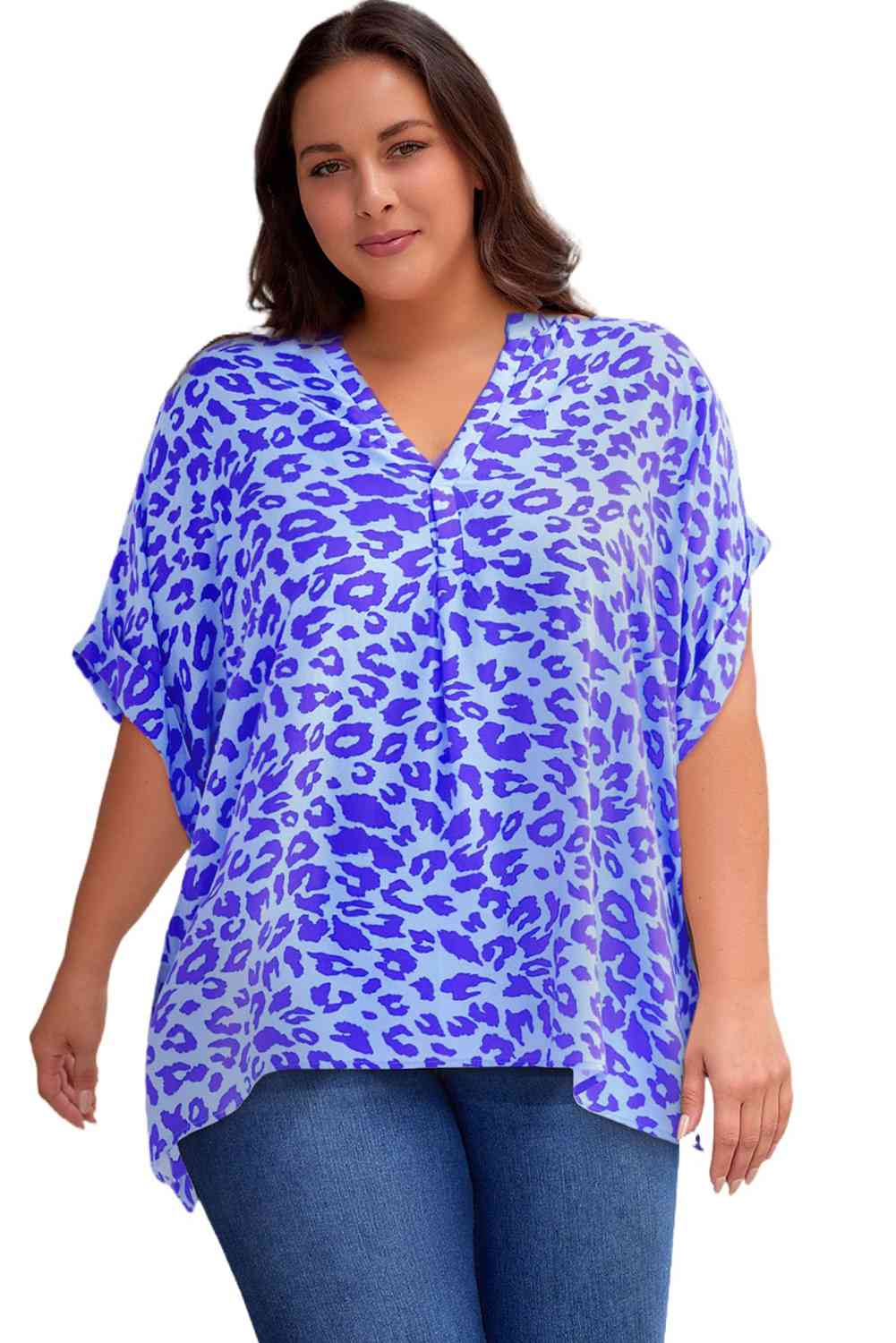 Plus Size Printed Notched Neck Half Sleeve Top Women's T-Shirts - Tophatter Daily Deals